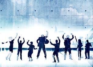 Business People Silhouette Jumping Joy Success Celebration Happiness