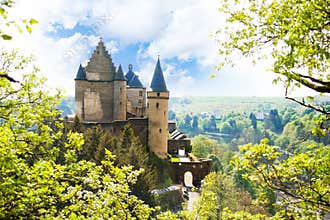 View of Vianden castle in Luxembourg from the hill