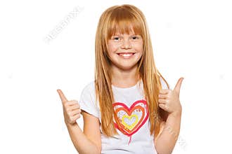Cute little girl showing thumbs up with both hands, isolated on white