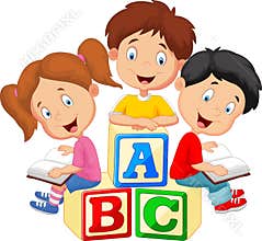 Children cartoon reading book and sitting on alphabet blocks