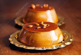 Creme caramel desserts closeup
