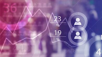 World Population Data Presentation Concept with Blur People Crowd and Animated Charts with Percentage Numbers