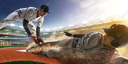 Two baseball player in action