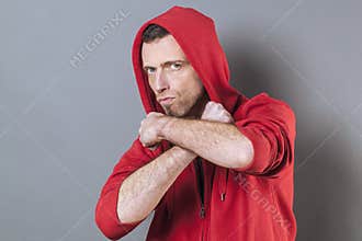 Male power concept for unhappy 40s man