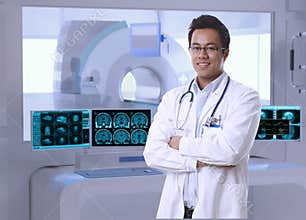 Asian doctor in MRI room at hospital