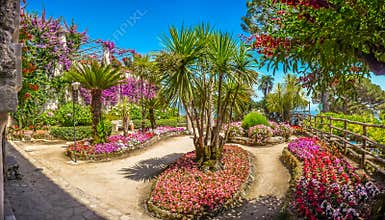 Beautiful Villa Rufolo gardens in Ravello at Amalfi Coast, Italy