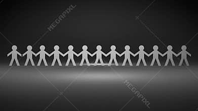 Team of paper dolls people holding hands and stand in a line.