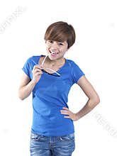 Tomboy looking asian chinese girl acting cool