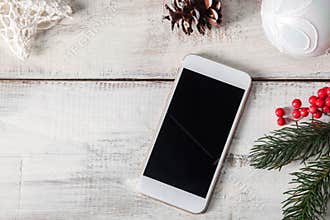 The wooden table with a phone