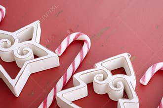 Red white Christmas background with decorated borders.