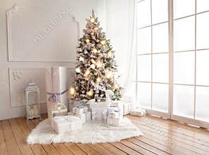 Interior living room with a Christmas tree and gifts