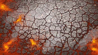 Seamless crack molten grunge ground with volcano eruption with hot melt red larva bursting and little flame lit with vaporized hea