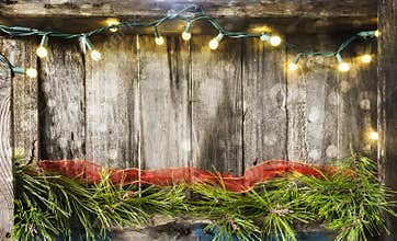 Christmas lights on vintage wood