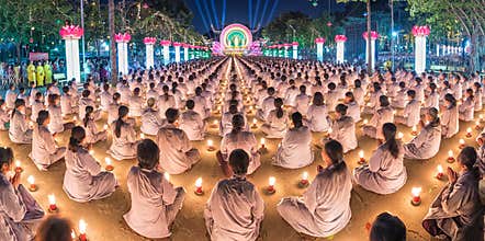 Buddhist panorama sitting hands in prayer in candlelit