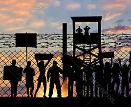 Silhouette protesting refugees near the border