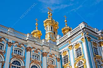 Tsarskoye Selo (Pushkin). Saint-Petersburg. Russia. The Catherine Palace with Church of the Resurrection
