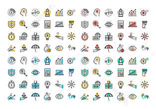 Flat line colorful icons collection of business and finance