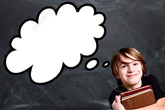 Schoolboy over empty school chalkboard with strip cartoon