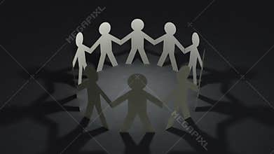 Team of paper dolls people holding hands and make circle line.