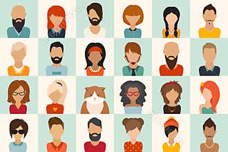 Big icons set. 12 women, 11 men and 1 cat flat icon vector illustration