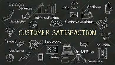 Handwriting concept of 'Customer Satisfaction' at chalkboard. with various diagram.