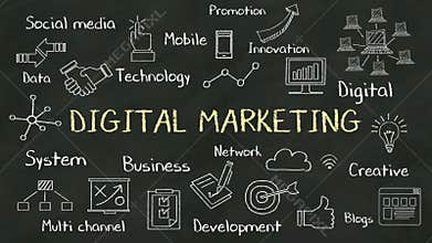 Handwriting concept of 'Digital Marketing' at chalkboard. with various diagram.