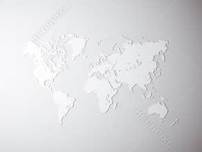 Blank Grey Political World Map. 3D rendering. Empty concrete wall background. High textured row materials. Mockup ready