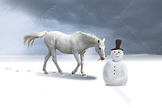 The snowman and the horse in a winter landscape.
