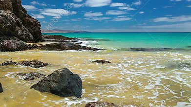 View to Costa Calma sandy beach in the south of Fuerteventura, second biggest Canary island, Spain.