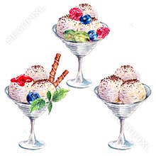 Collection watercolor balls of ice cream sundae