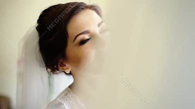 Young adorable happy bride touching her wedding dress and smile on camera.