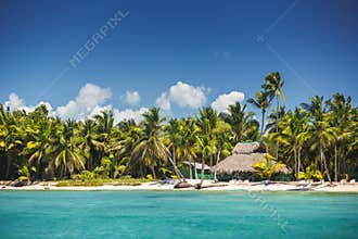 Carribean sea and tropical island in Dominican Republic, panoramic view