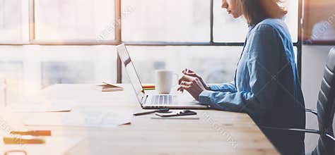 Working process modern office. Young finance manager working wood table with new business startup. Typing contemporary