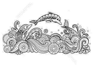 Three dolphins swimming happily zentangle style for coloring book for adult