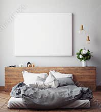 Mock up blank poster on the wall of bedroom,