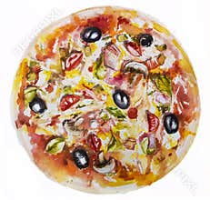 Watercolor and drawn pizza.