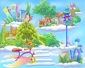 Fairy Tale World with Floating Islands in the Sky