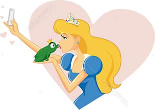 Princess Taking Selfie and Kissing Frog Vector
