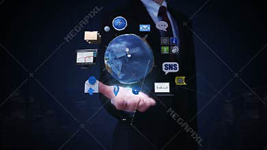 Businessman open palm, Rotating earth, expanding social network service. artificial satellite, Communication