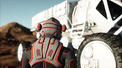 Astronaut and rover on alien planet. Martian on mars. Sci -fi concept. Realistic 4k animation.