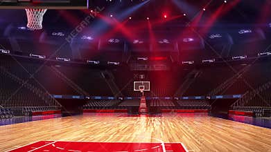 Basketball court with people fan. Sport arena. Ready to start championship. 3d render. Moving lights.