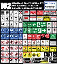 Building site, construction environments, Hazard warning attention sign, Industry Health and Safety Icon collection.