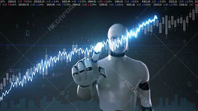 Robot cyborg touched screen, various animated Stock Market charts and graphs. Increase line. Artificial Intelligence
