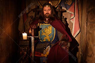 Medieval king on throne in ancient castle interior.