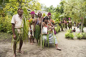 Inhabitants of small island Santa Ana in South Pacific Ocean. Old and young people waiting for celebration  Solomon Islands