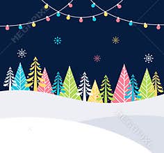 Christmas and Winter Holidays Events Festive Background with Snow, Trees and Christmas Lights. Vector Poster Template