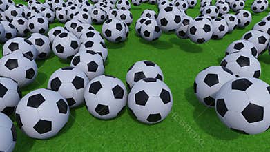 Generic football balls rolling and bouncing on green grass field. 4K ProRes clip