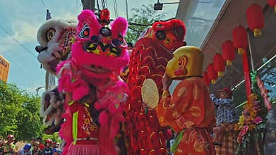 Closeup Boys Dance in Fancy Lion Dress on Sidewalk in Vietnam