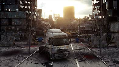 Apocalypse city in fog. Aerial View of the destroyed city. Apocalypse concept. Super realistic 4k animation.
