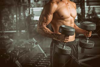 Muscular young man lifting weights at fitness center.